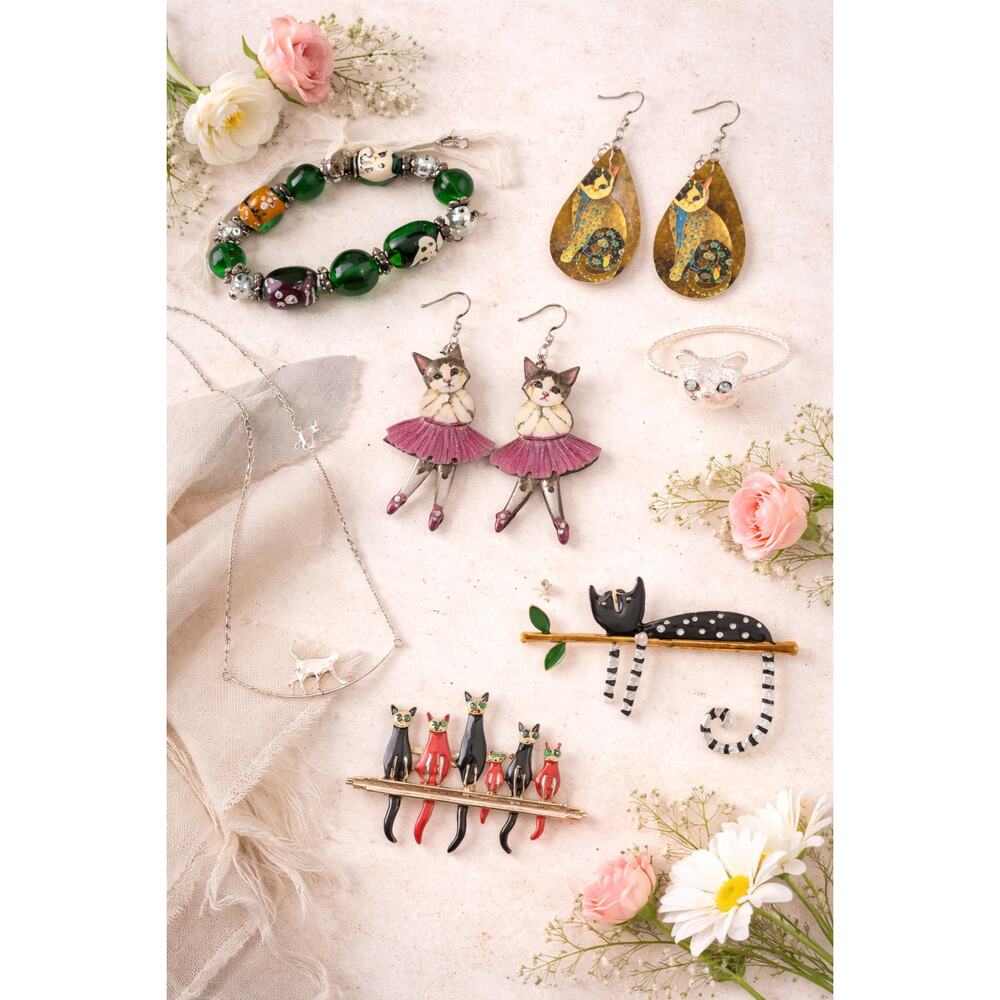 Cat Lover Jewelry Bundle 7 Piece Set Earrings  Brooch Ring Bracelet Kawaii Gift